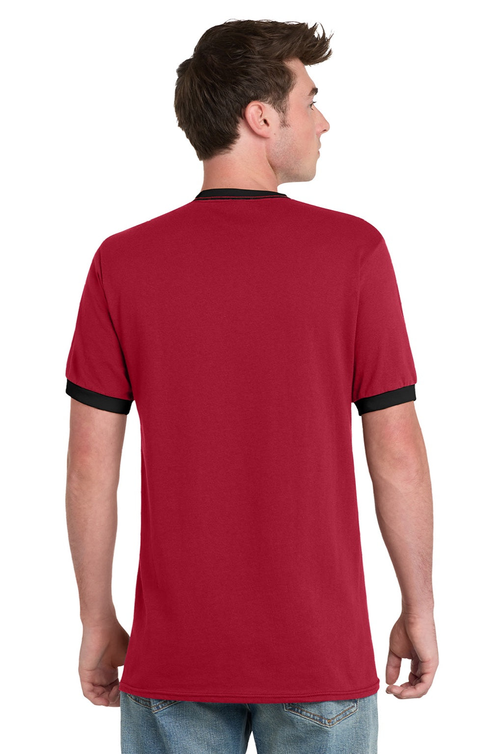 Port & Company PC54R Mens Core Ringer Short Sleeve Crewneck T-Shirt Red/Jet Black Model Back