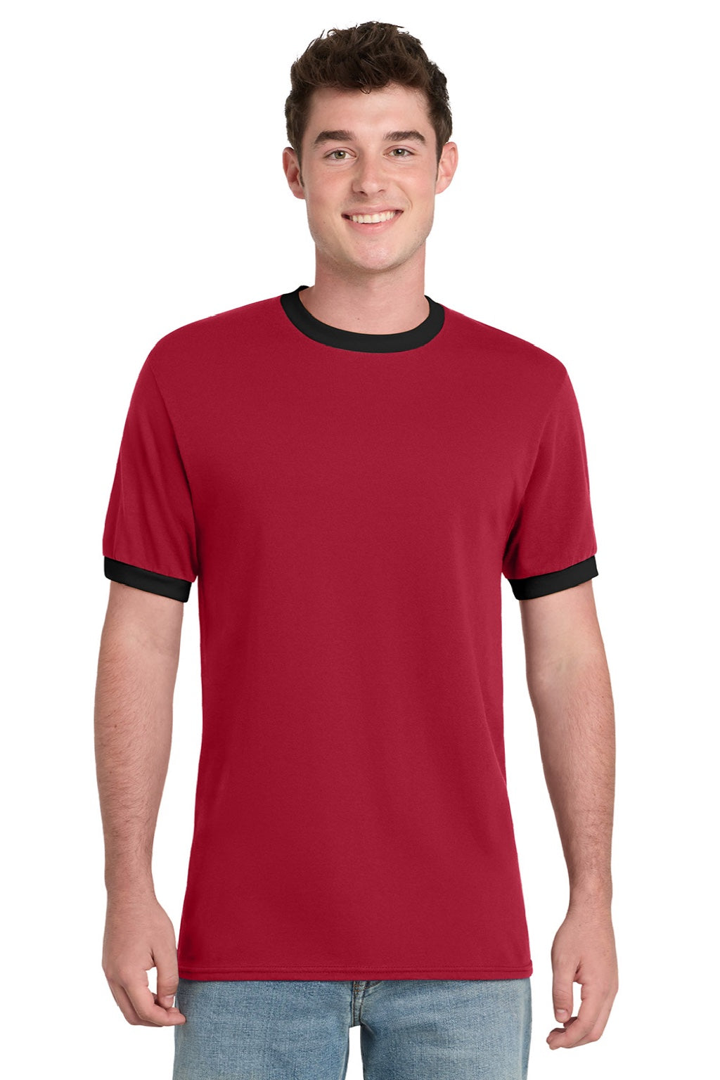 Port & Company PC54R Mens Core Ringer Short Sleeve Crewneck T-Shirt Red/Jet Black Model Front