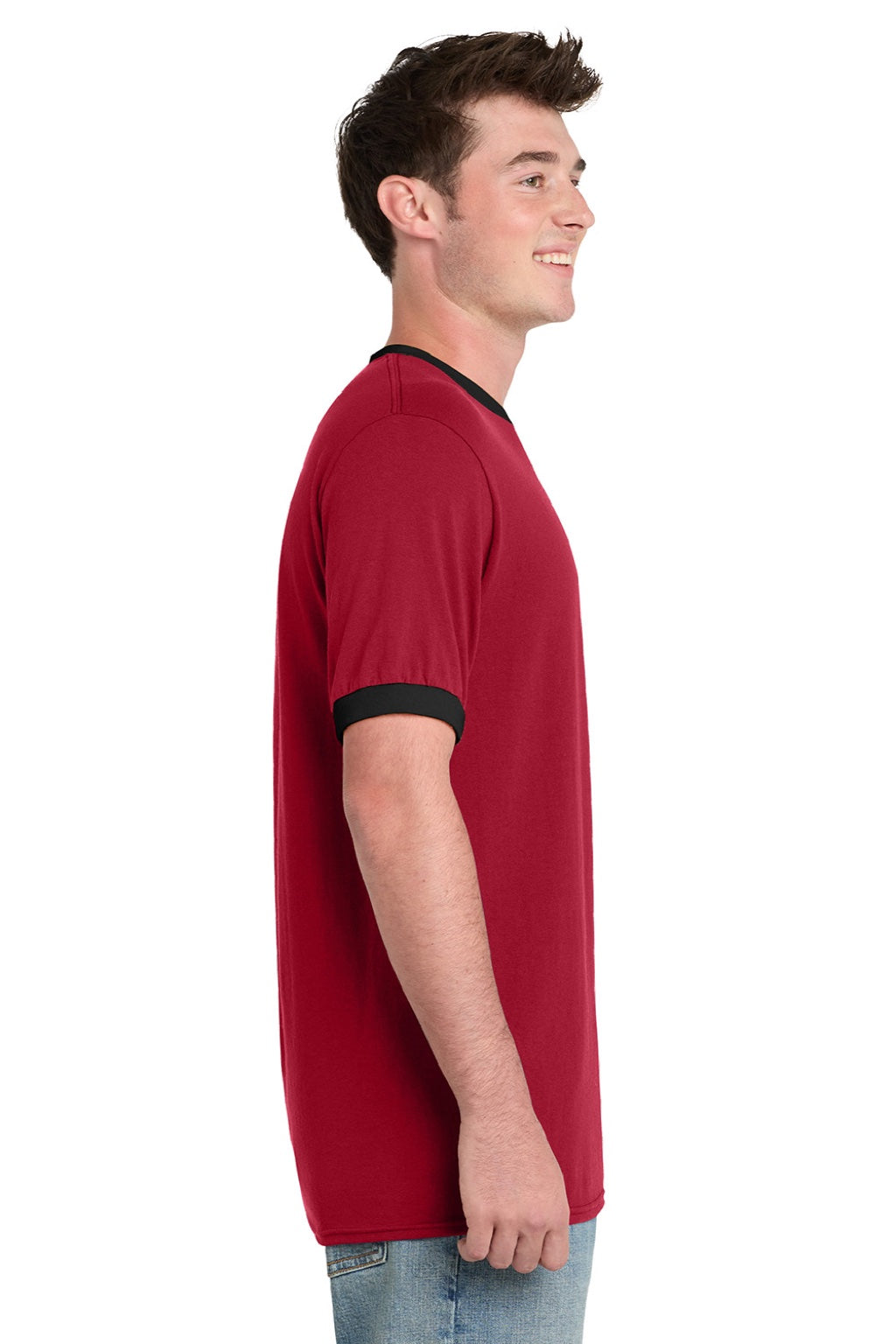 Port & Company PC54R Mens Core Ringer Short Sleeve Crewneck T-Shirt Red/Jet Black Model Side