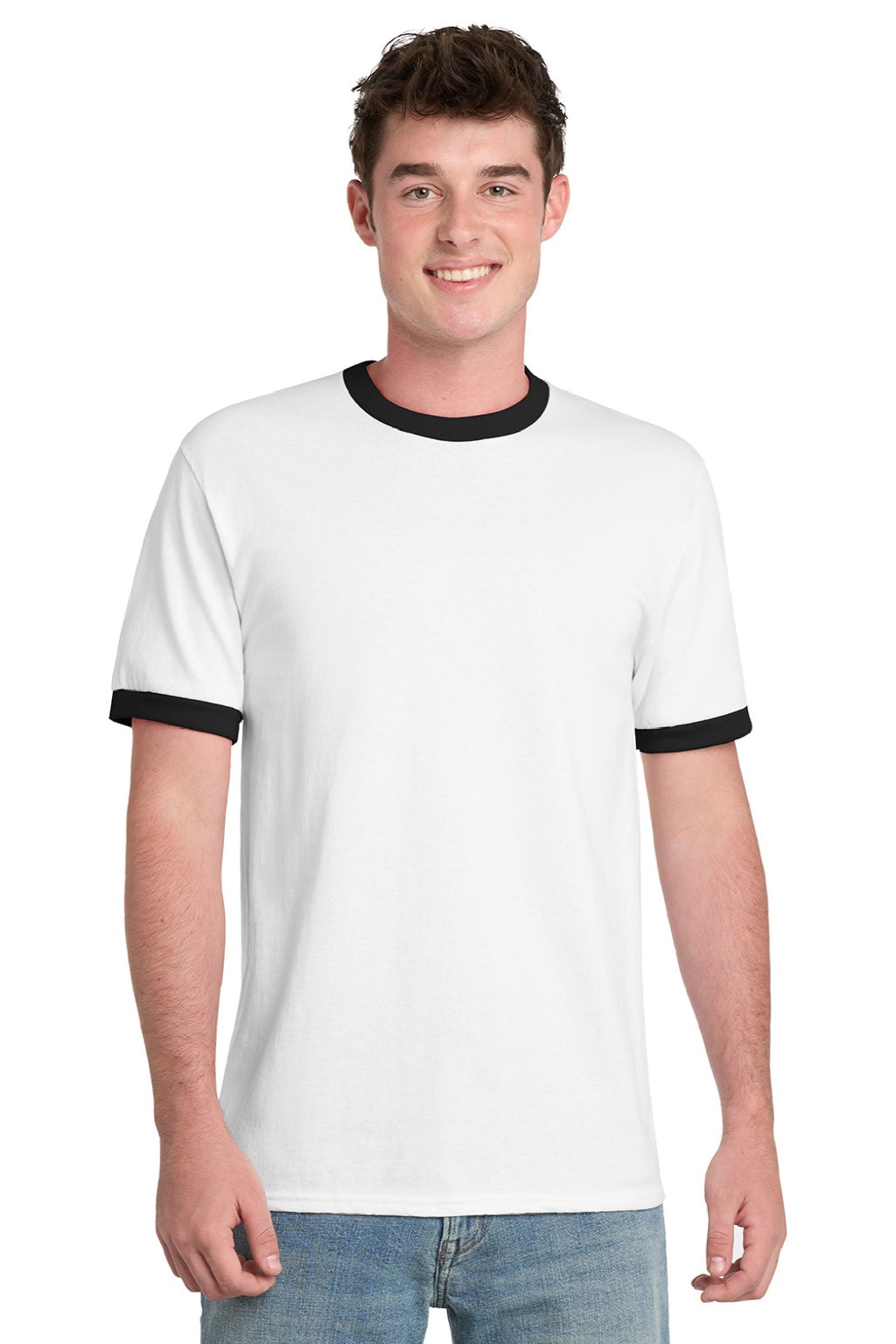 Port & Company PC54R Mens Core Ringer Short Sleeve Crewneck T-Shirt White/Jet Black Model Front
