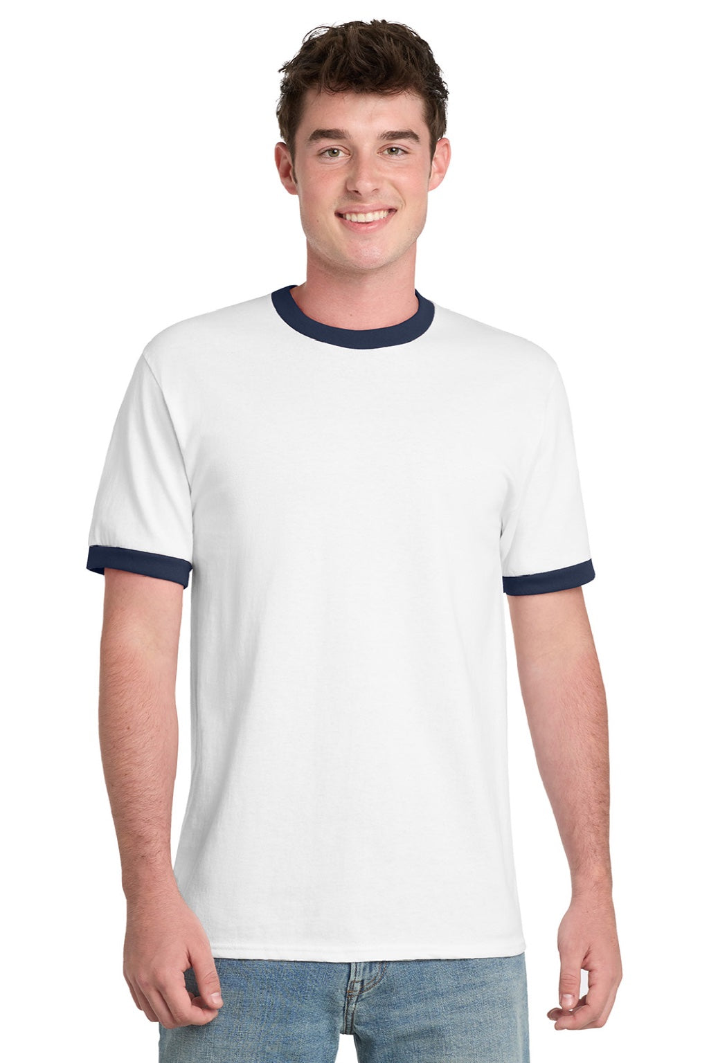 Port & Company PC54R Mens Core Ringer Short Sleeve Crewneck T-Shirt White/Navy Blue Model Front