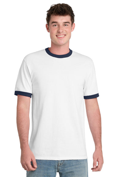 Port & Company PC54R Mens Core Ringer Short Sleeve Crewneck T-Shirt White/Navy Blue Model Front