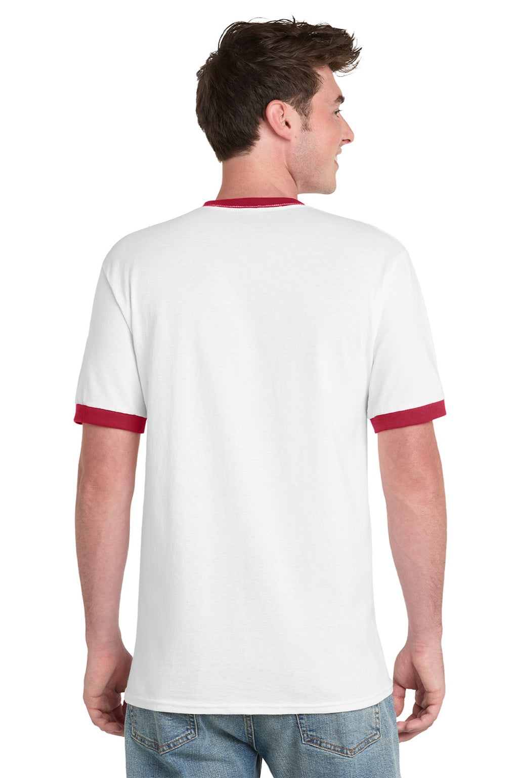 Port & Company PC54R Mens Core Ringer Short Sleeve Crewneck T-Shirt White/Red Model Back