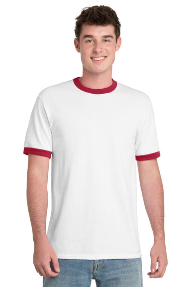 Port & Company PC54R Mens Core Ringer Short Sleeve Crewneck T-Shirt White/Red Model Front