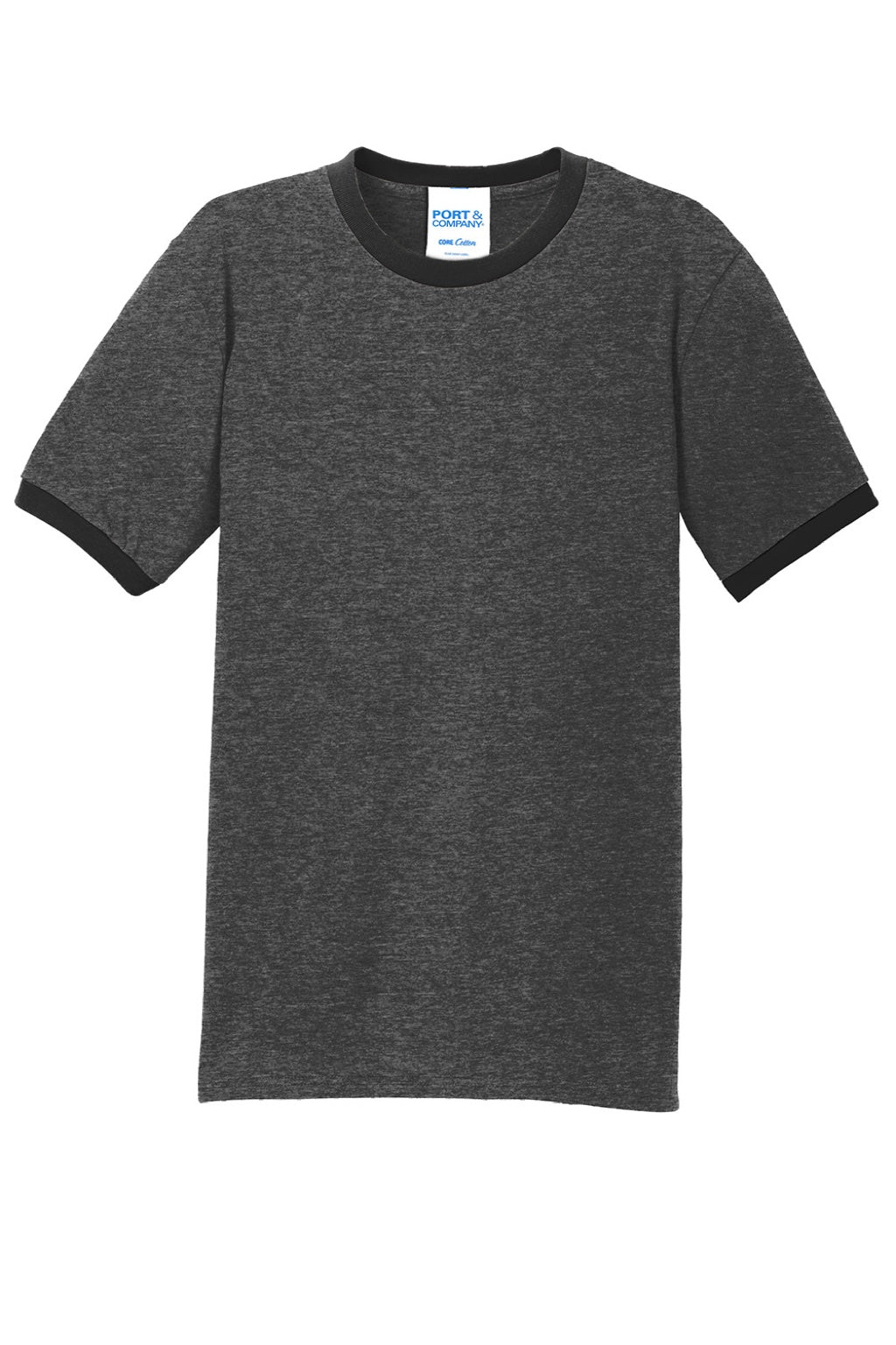 Port & Company PC54R Mens Core Ringer Short Sleeve Crewneck T-Shirt Heather Dark Grey/Jet Black Flat Front