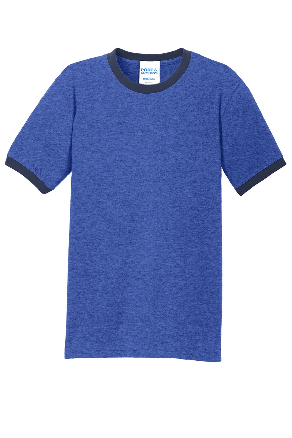 Port & Company PC54R Mens Core Ringer Short Sleeve Crewneck T-Shirt Heather Royal Blue/Navy Blue Flat Front