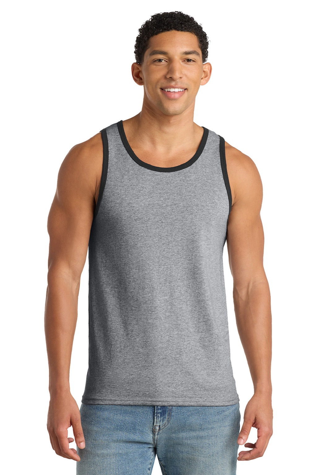Port & Company PC54TT Mens Core Tank Top Heather Grey/Jet Black Model Front