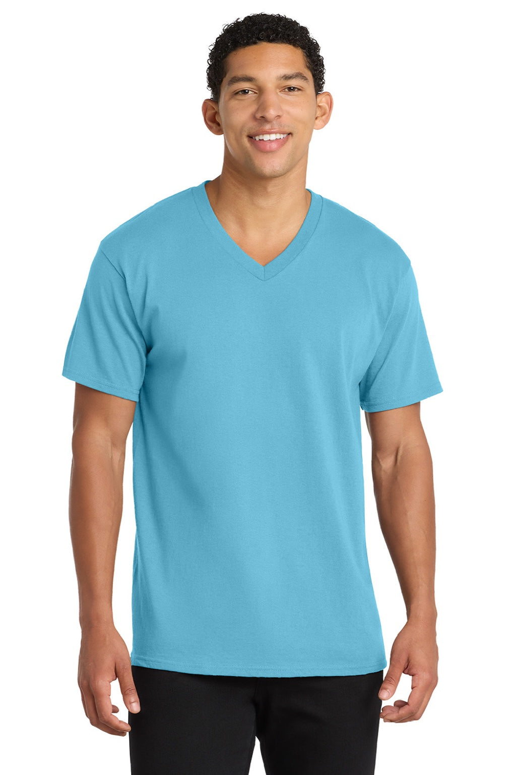Port & Company PC54V Mens Core Short Sleeve V-Neck T-Shirt Aquatic Blue Model Front