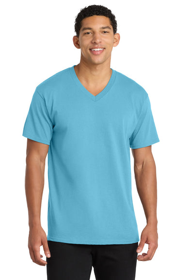 Port & Company PC54V Mens Core Short Sleeve V-Neck T-Shirt Aquatic Blue Model Front