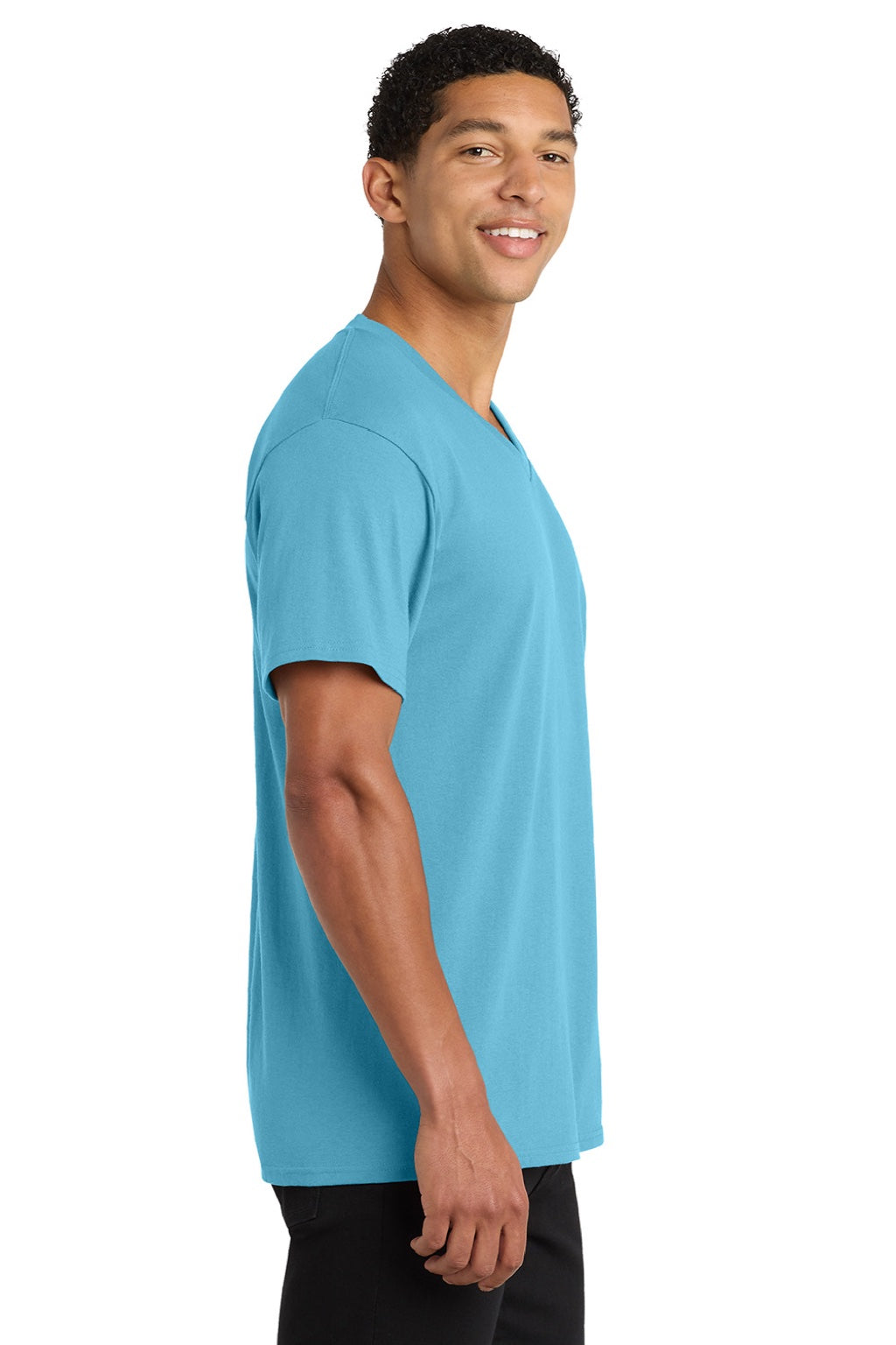 Port & Company PC54V Mens Core Short Sleeve V-Neck T-Shirt Aquatic Blue Model Side