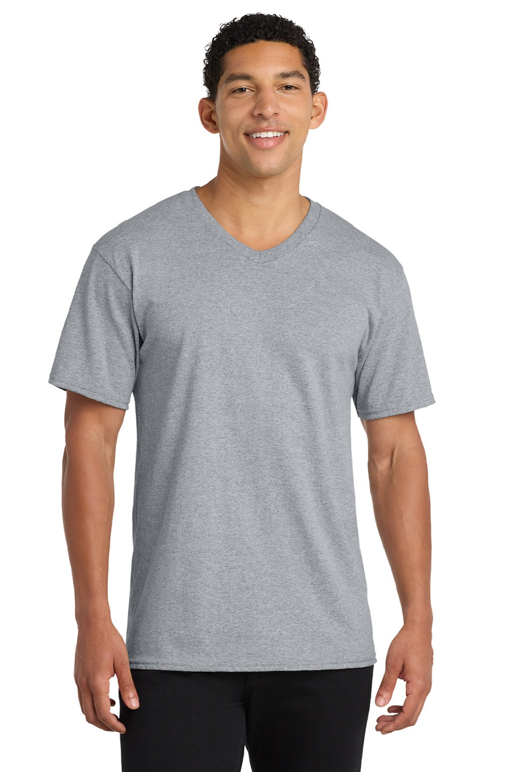 Port & Company PC54V Mens Core Short Sleeve V-Neck T-Shirt Heather Grey Model Front