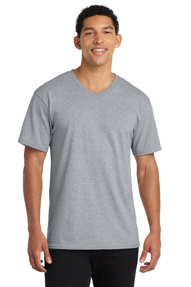 Port & Company PC54V Mens Core Short Sleeve V-Neck T-Shirt Heather Grey Model Front