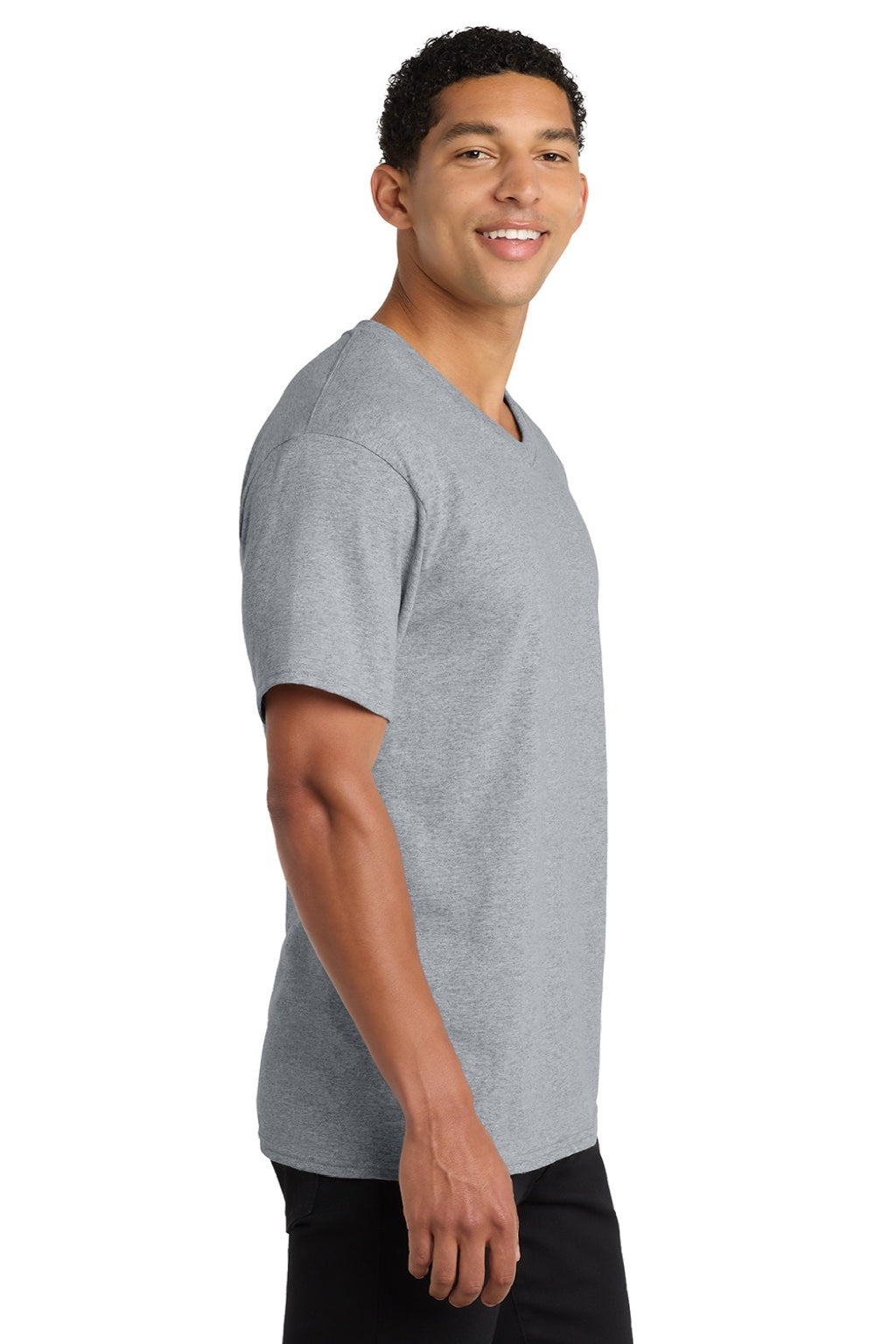 Port & Company PC54V Mens Core Short Sleeve V-Neck T-Shirt Heather Grey Model Side