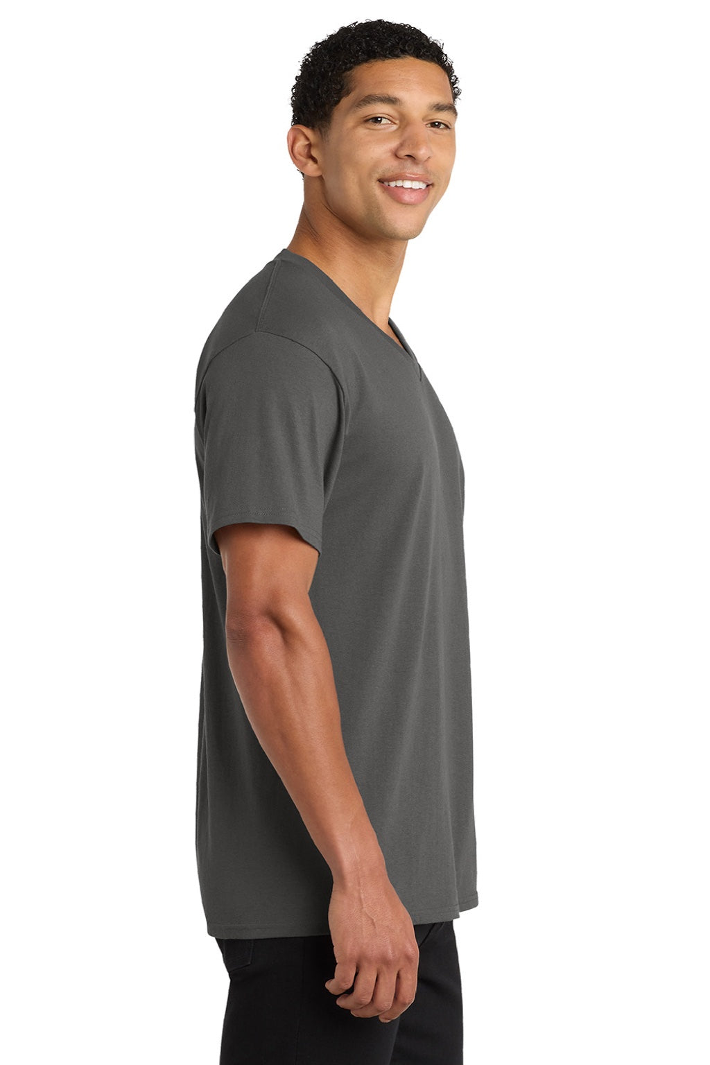 Port & Company PC54V Mens Core Short Sleeve V-Neck T-Shirt Charcoal Grey Model Side