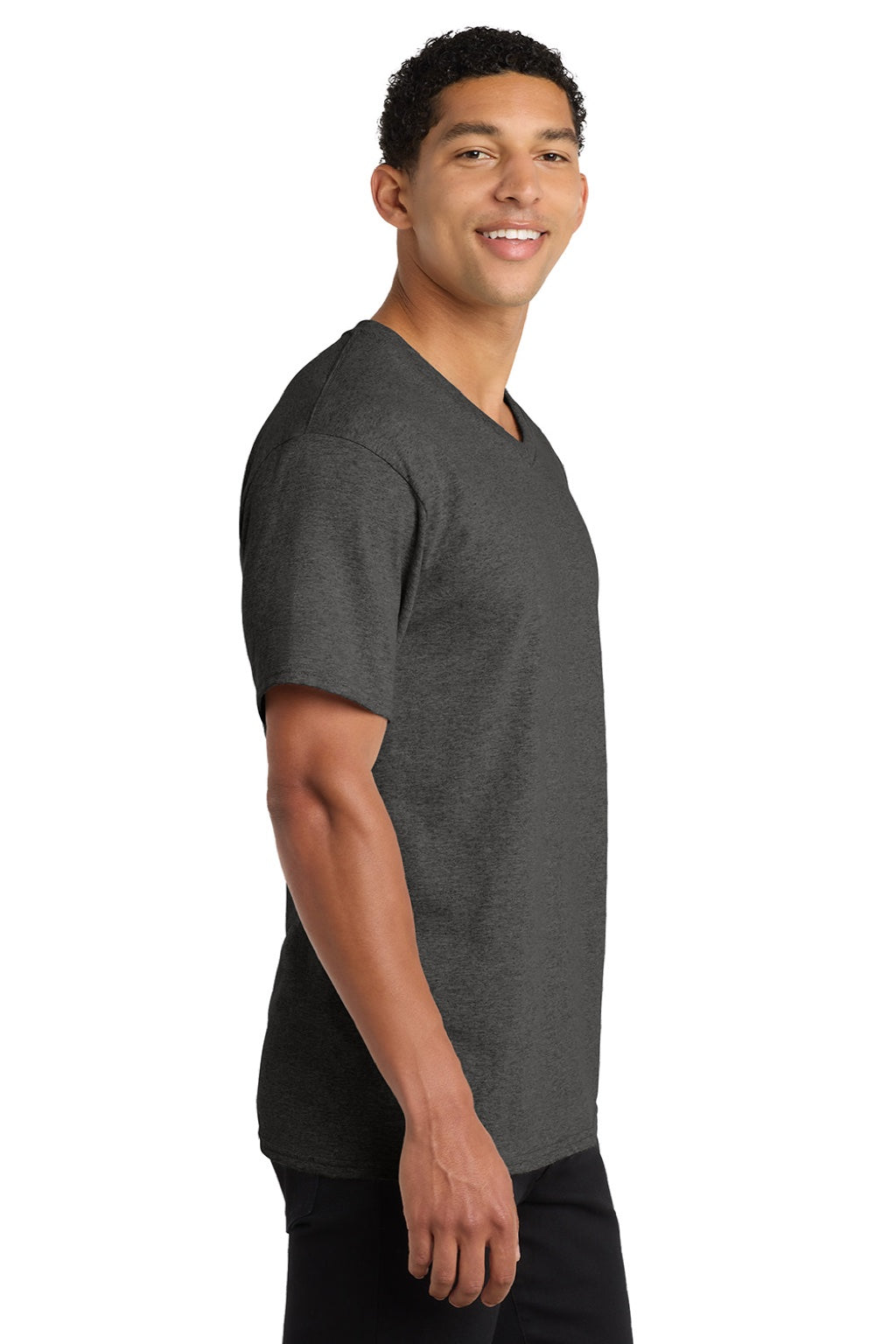 Port & Company PC54V Mens Core Short Sleeve V-Neck T-Shirt Heather Dark Grey Model Side