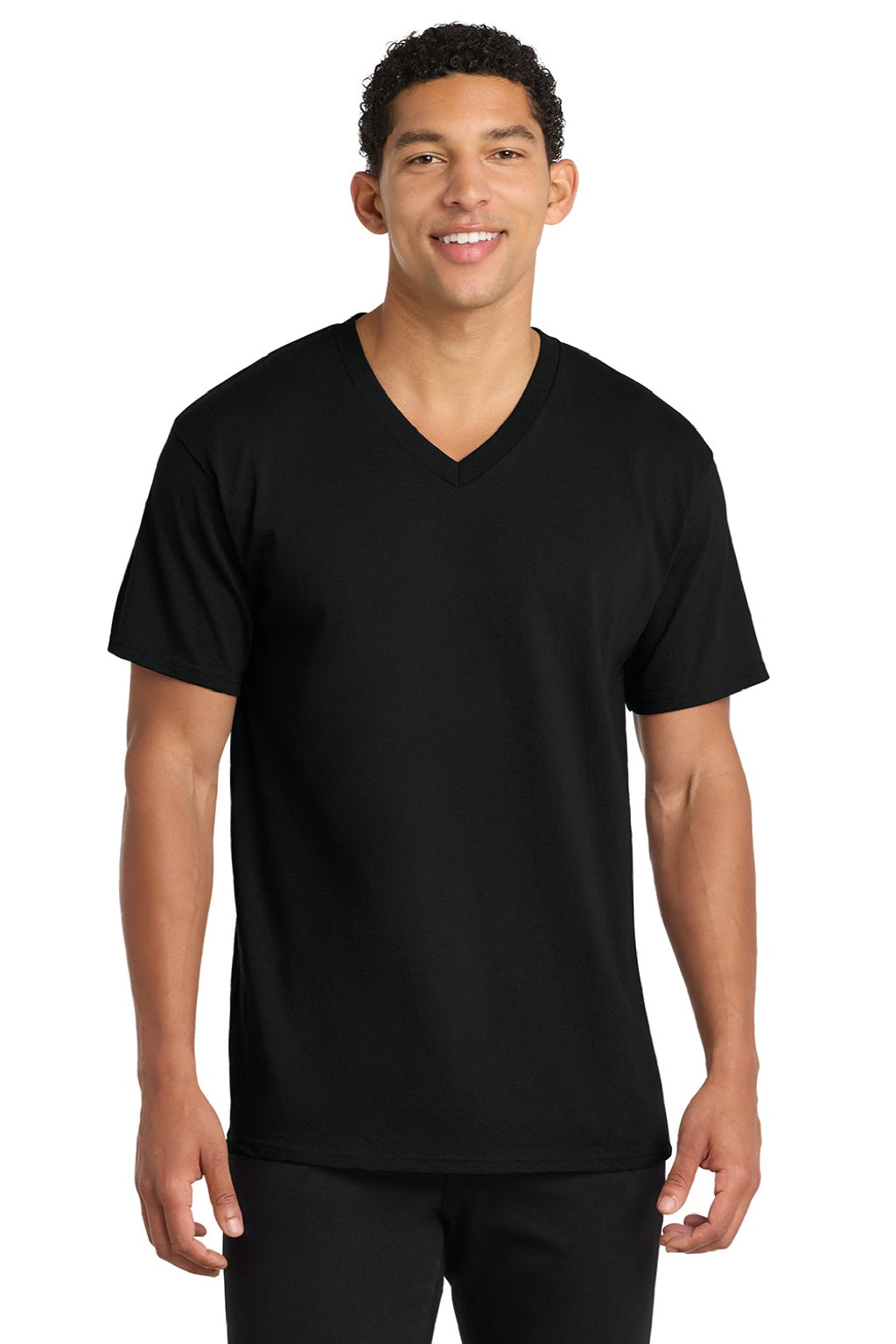 Port & Company PC54V Mens Core Short Sleeve V-Neck T-Shirt Jet Black Model Front