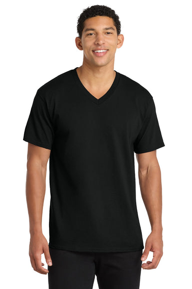 Port & Company PC54V Mens Core Short Sleeve V-Neck T-Shirt Jet Black Model Front