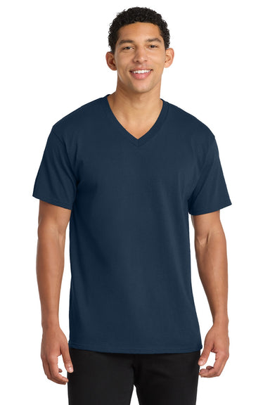 Port & Company PC54V Mens Core Short Sleeve V-Neck T-Shirt Navy Blue Model Front