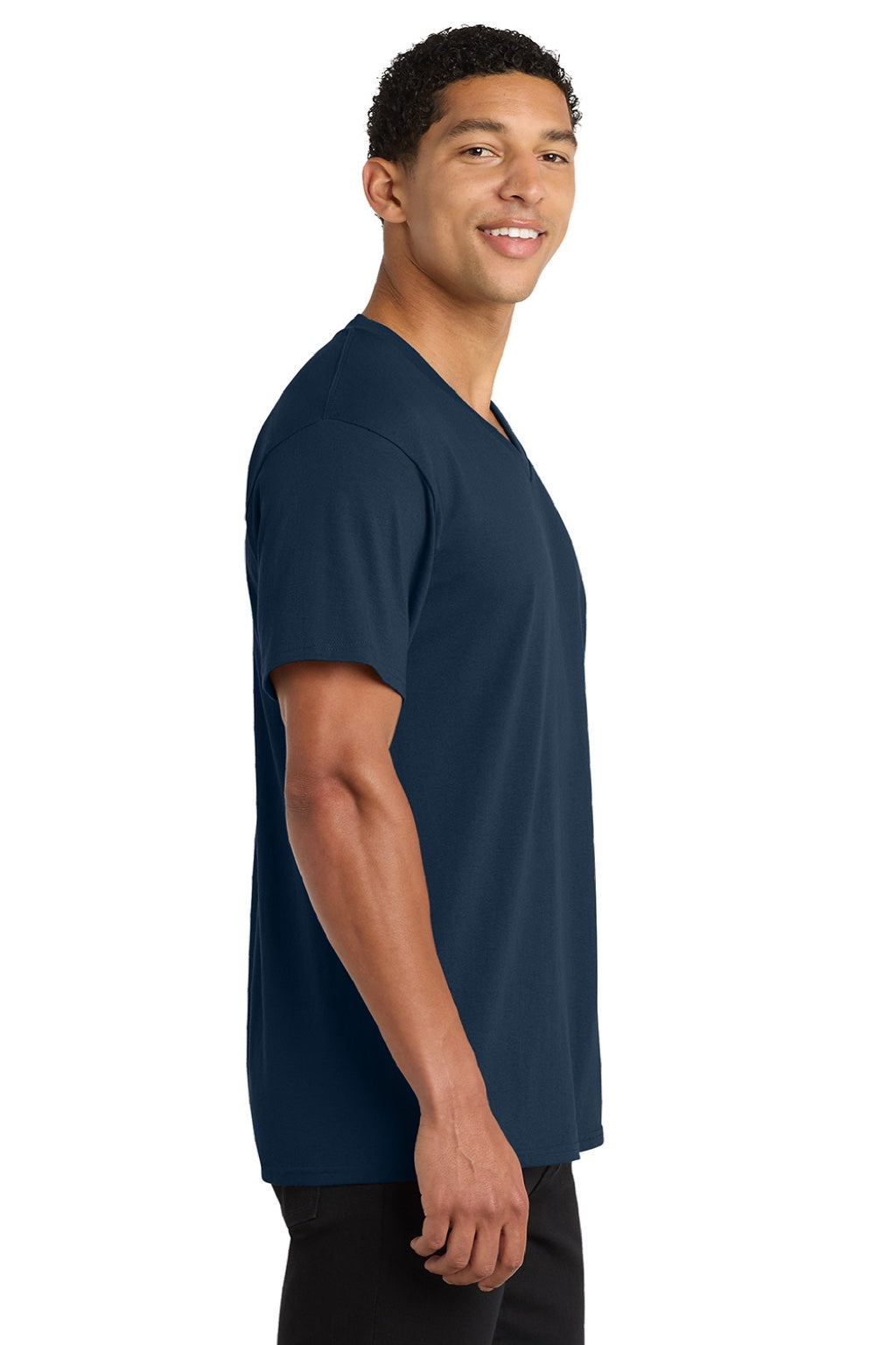 Port & Company PC54V Mens Core Short Sleeve V-Neck T-Shirt Navy Blue Model Side