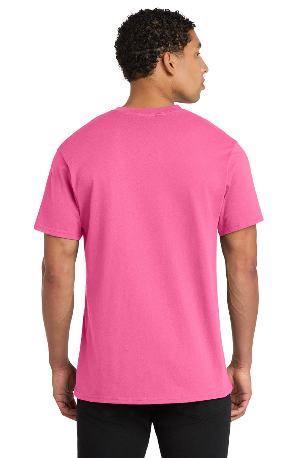 Port & Company PC54V Mens Core Short Sleeve V-Neck T-Shirt Neon Pink Model Back