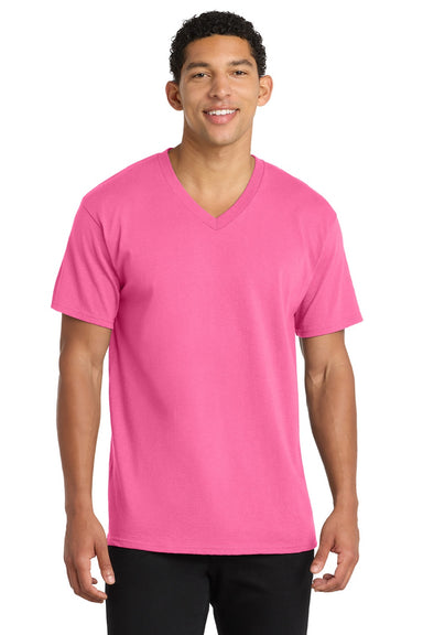 Port & Company PC54V Mens Core Short Sleeve V-Neck T-Shirt Neon Pink Model Front