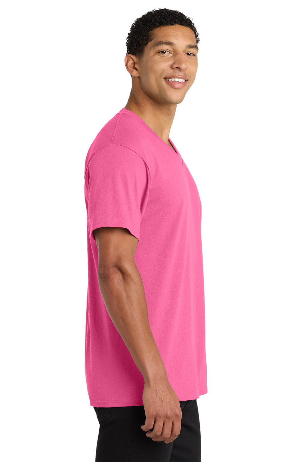 Port & Company PC54V Mens Core Short Sleeve V-Neck T-Shirt Neon Pink Model Side