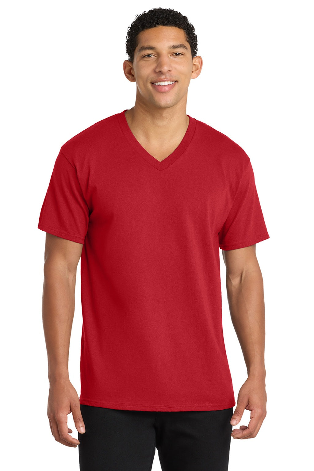 Port & Company PC54V Mens Core Short Sleeve V-Neck T-Shirt Red Model Front