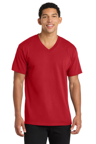 Port & Company PC54V Mens Core Short Sleeve V-Neck T-Shirt Red Model Front