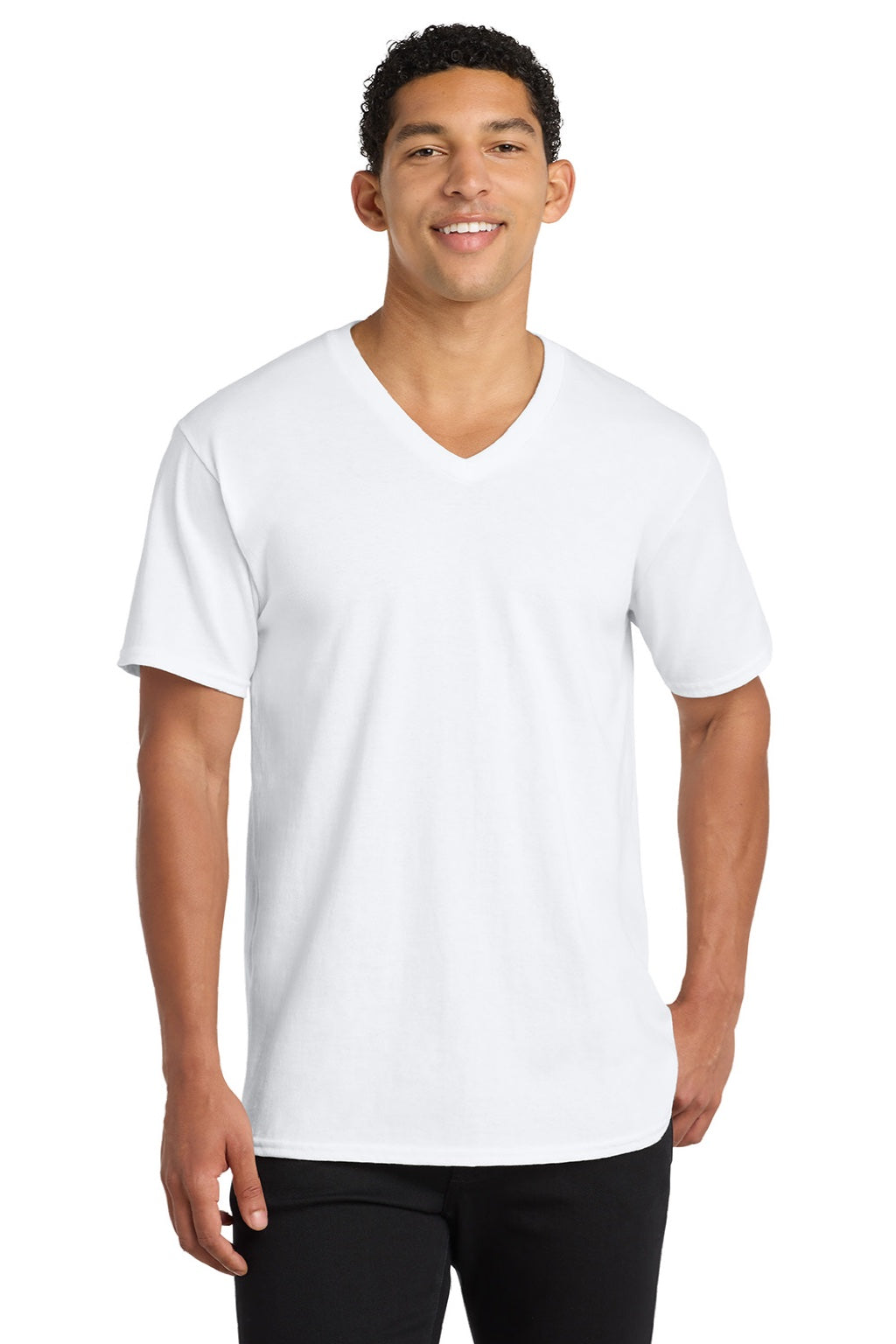 Port & Company PC54V Mens Core Short Sleeve V-Neck T-Shirt White Model Front