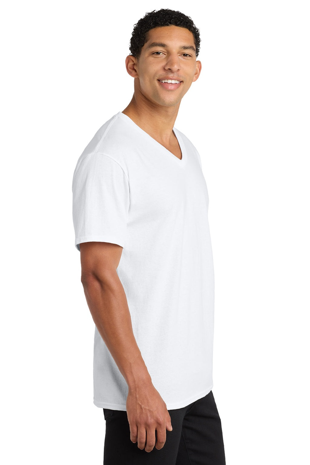Port & Company PC54V Mens Core Short Sleeve V-Neck T-Shirt White Model Side