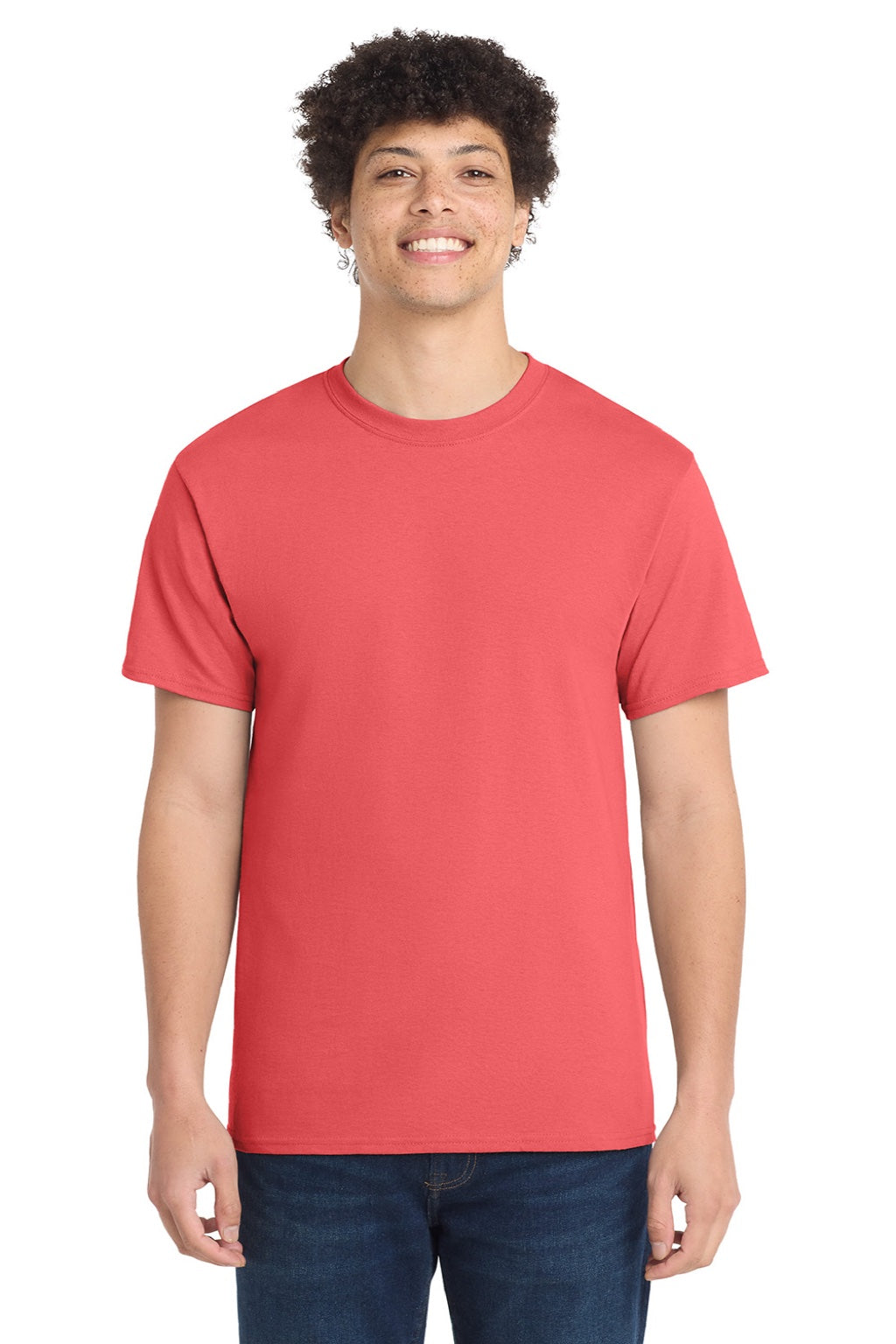 Port & Company PC54/PC54T Mens Core Short Sleeve Crewneck T-Shirt Coral Model Front