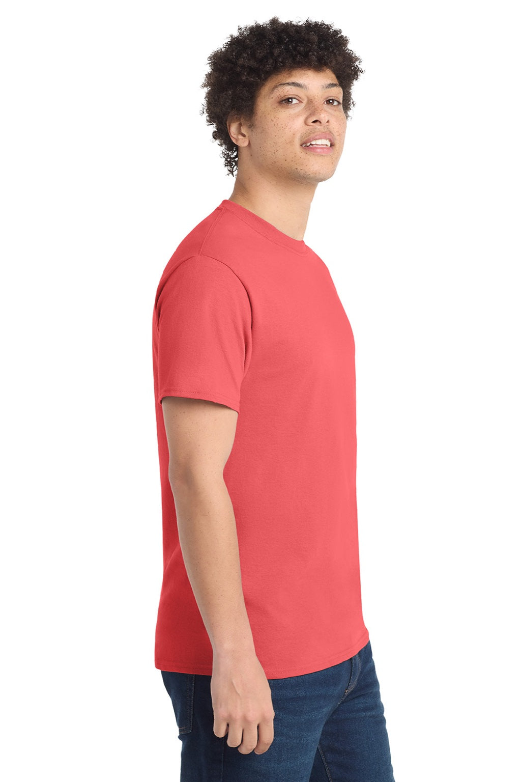 Port & Company PC54/PC54T Mens Core Short Sleeve Crewneck T-Shirt Coral Model Side