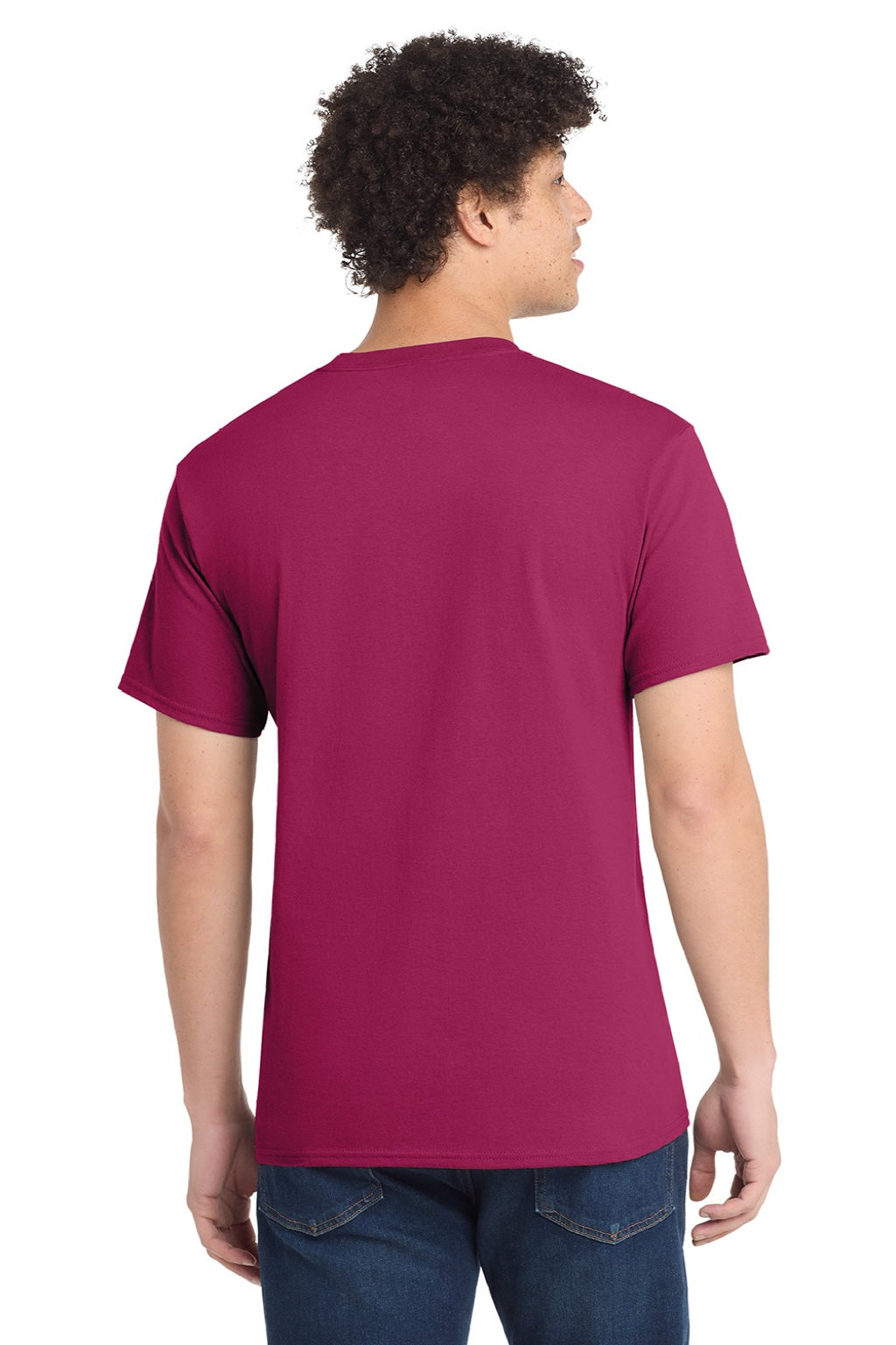Port & Company PC54/PC54T Mens Core Short Sleeve Crewneck T-Shirt Flush Pink Model Back