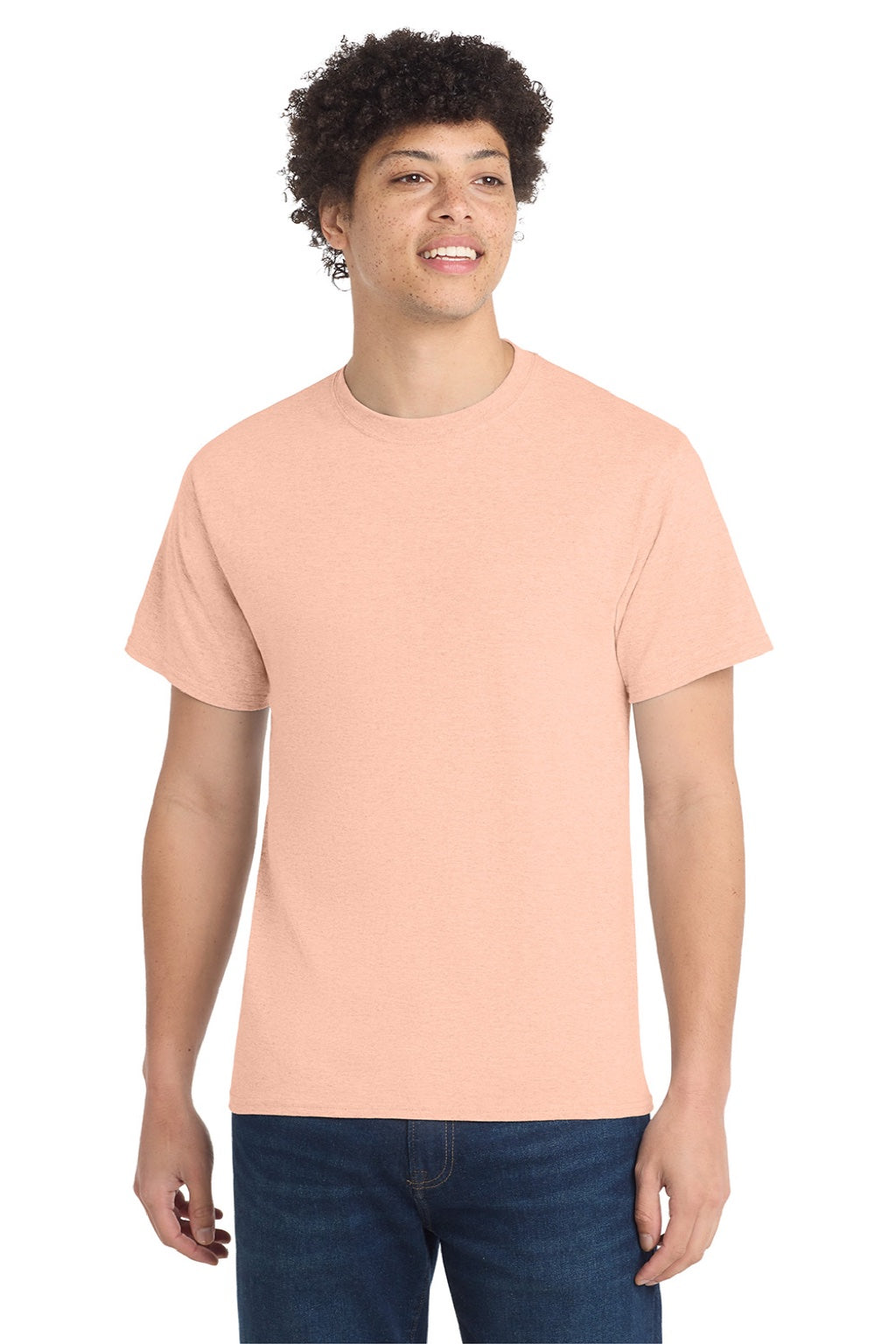 Port & Company PC54/PC54T Mens Core Short Sleeve Crewneck T-Shirt Heather Dusty Peach Model Front
