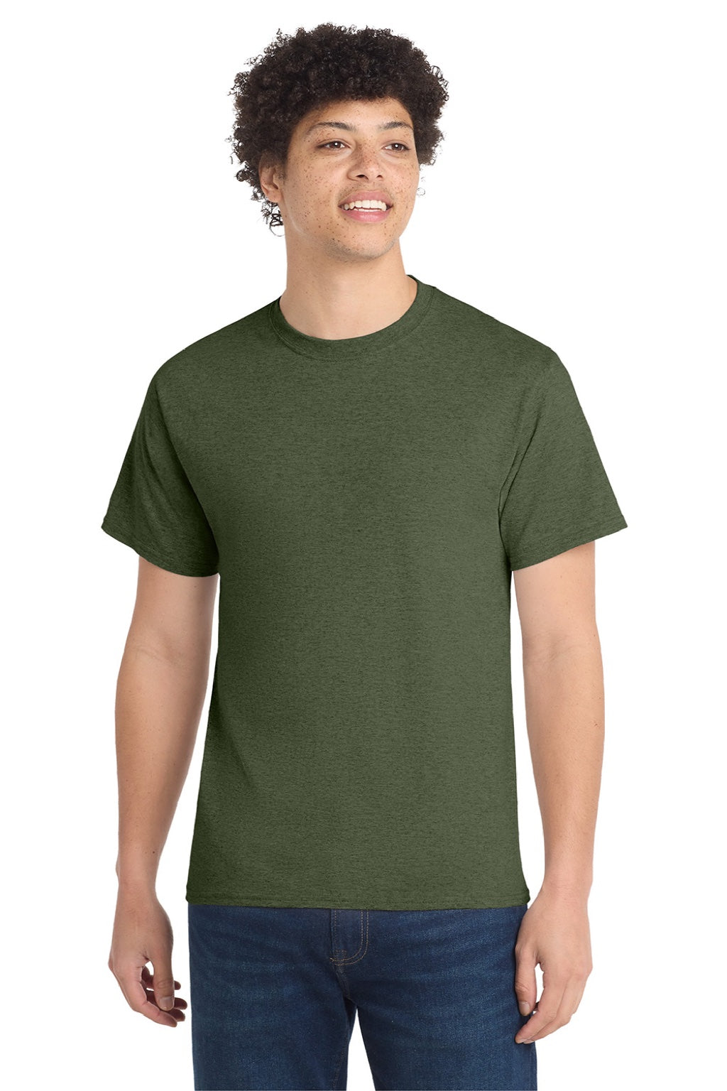 Port & Company PC54/PC54T Mens Core Short Sleeve Crewneck T-Shirt Heather Olive Drab Green Model Front