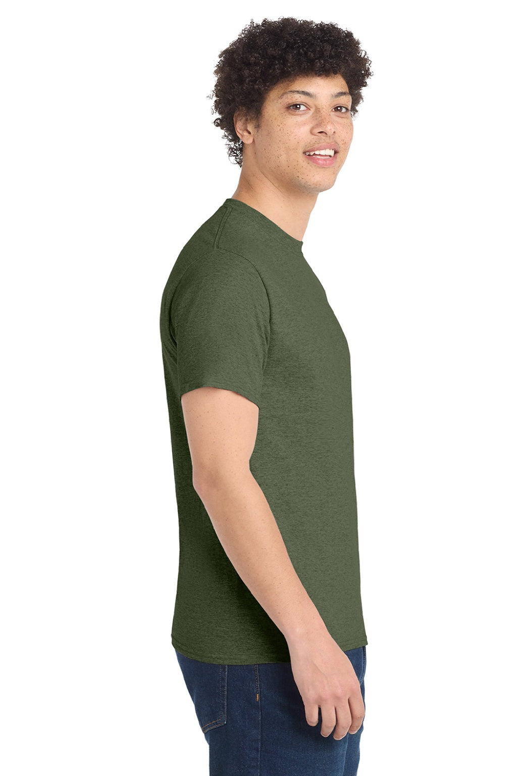 Port & Company PC54/PC54T Mens Core Short Sleeve Crewneck T-Shirt Heather Olive Drab Green Model Side