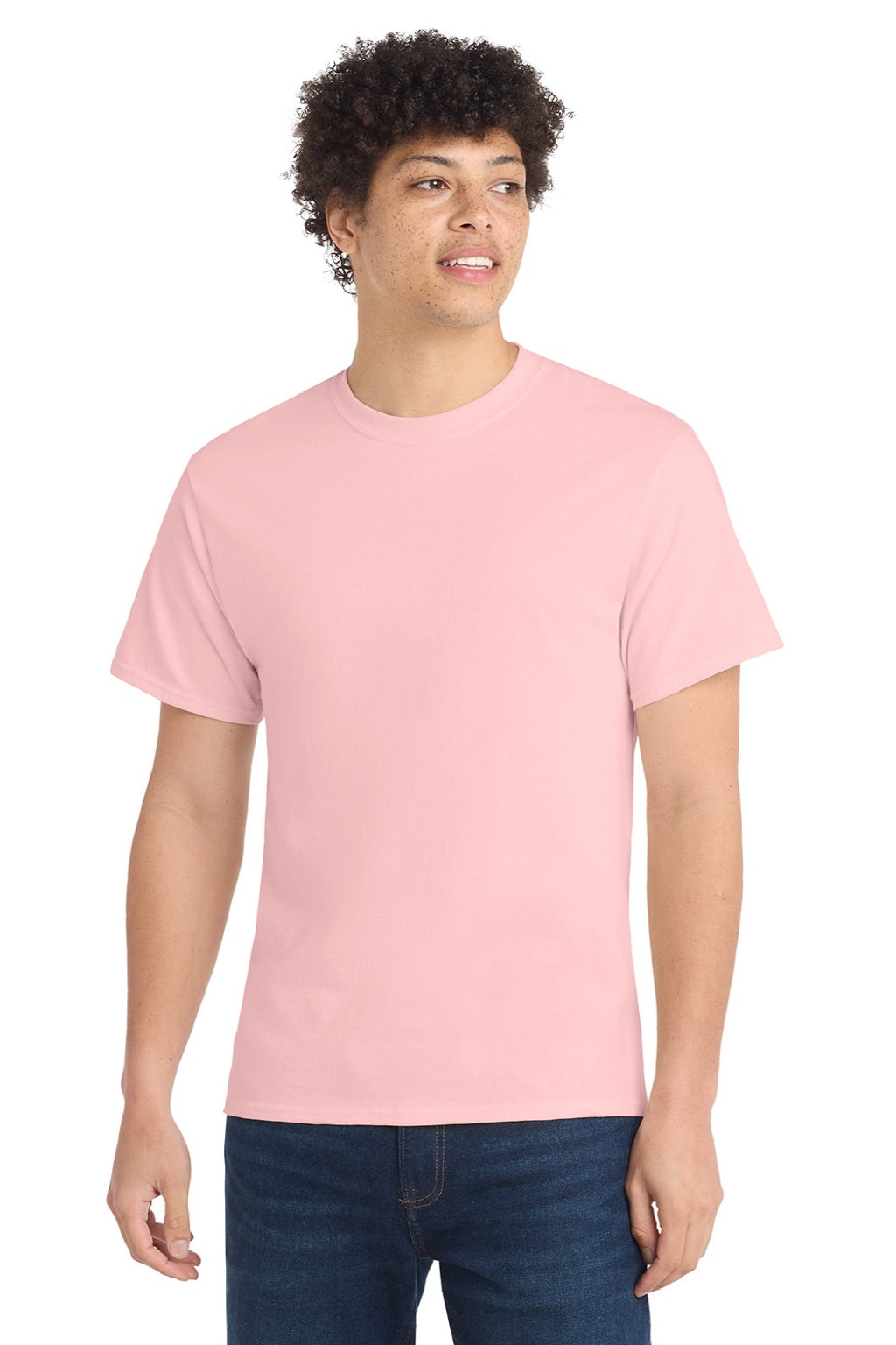 Port & Company PC54/PC54T Mens Core Short Sleeve Crewneck T-Shirt Pale Blush Pink Model Front