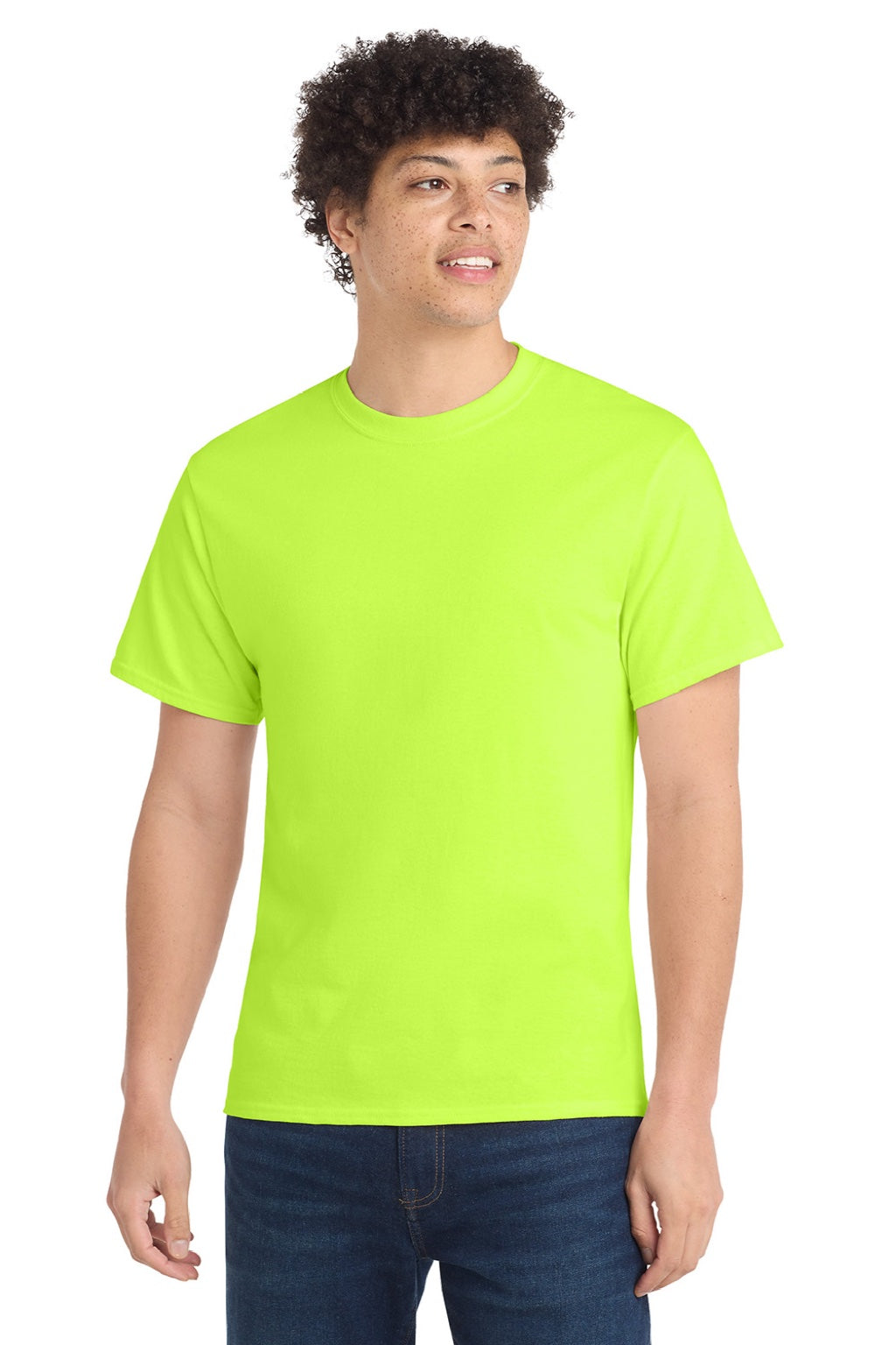 Port & Company PC54/PC54T Mens Core Short Sleeve Crewneck T-Shirt Safety Green Model Front