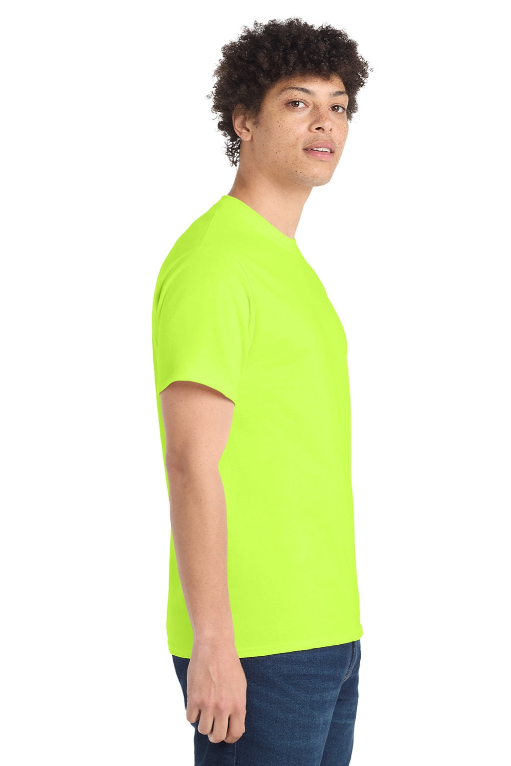 Port & Company PC54/PC54T Mens Core Short Sleeve Crewneck T-Shirt Safety Green Model Side