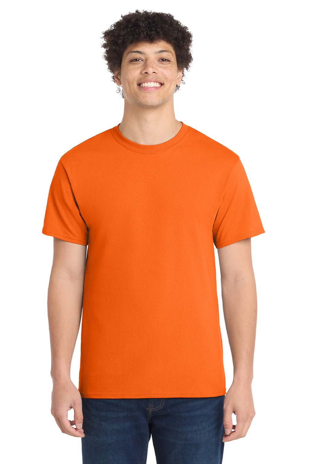 Port & Company PC54/PC54T Mens Core Short Sleeve Crewneck T-Shirt Safety Orange Model Front