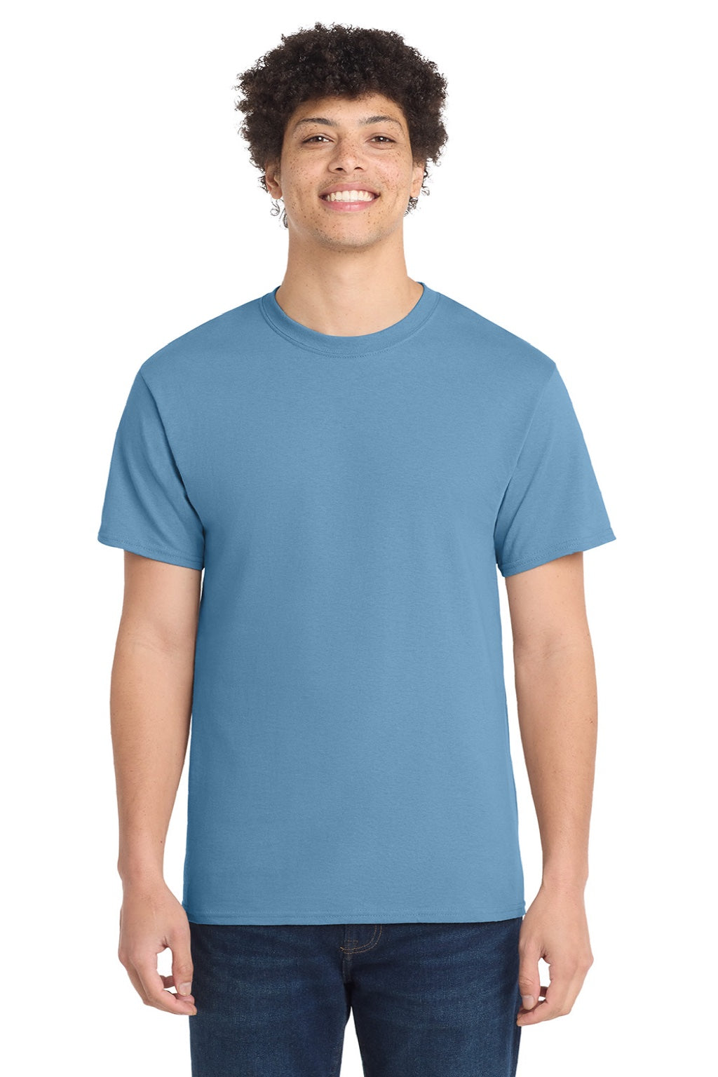 Port & Company PC54/PC54T Mens Core Short Sleeve Crewneck T-Shirt Tundra Blue Model Front