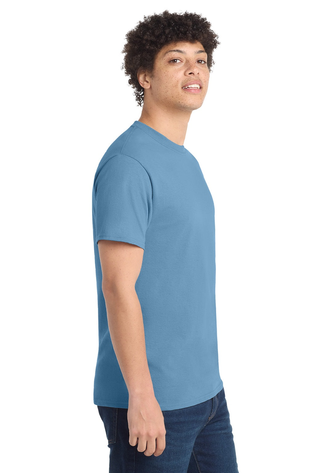 Port & Company PC54/PC54T Mens Core Short Sleeve Crewneck T-Shirt Tundra Blue Model Side