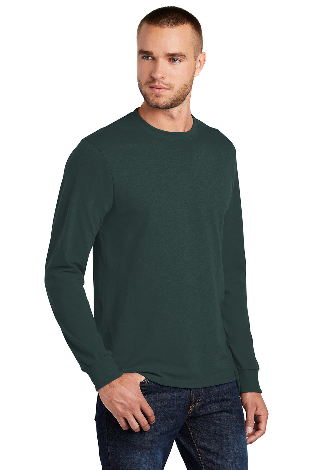 Port & Company PC55LS/PC55LST Mens Core Long Sleeve Crewneck T-Shirt Dark Green Model 3q