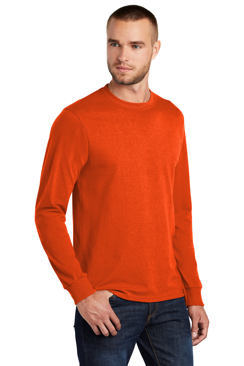 Port & Company PC55LS/PC55LST Mens Core Long Sleeve Crewneck T-Shirt Safety Orange Model 3q