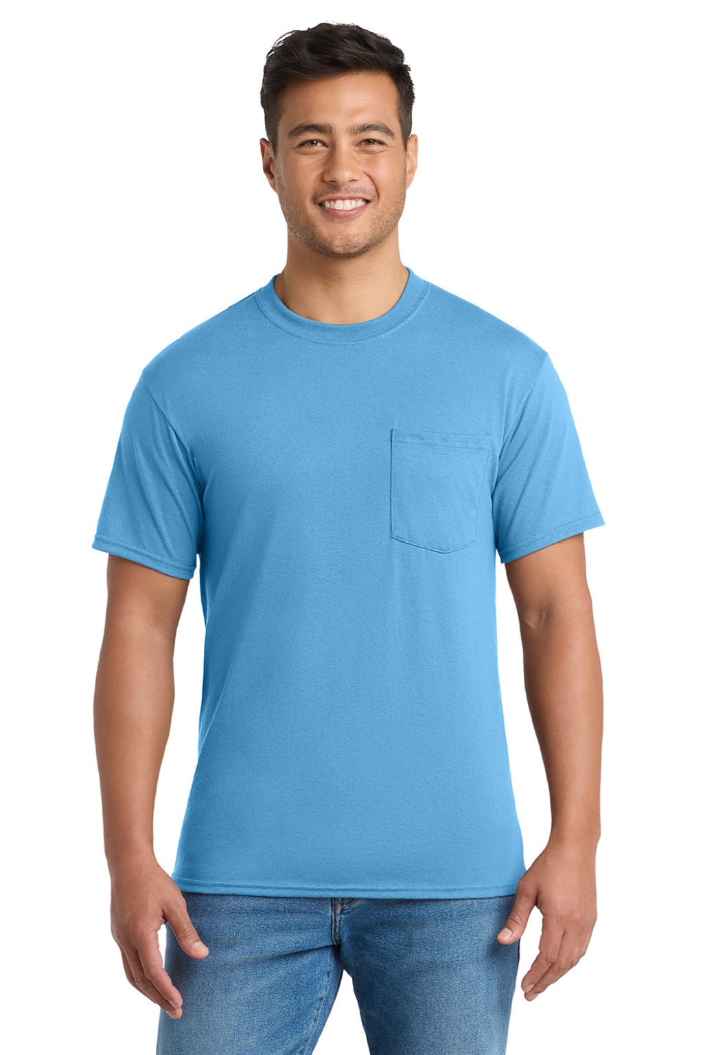 Port & Company PC55P/PC55PT Mens Core Short Sleeve Crewneck T-Shirt w/ Pocket Aquatic Blue Model Front