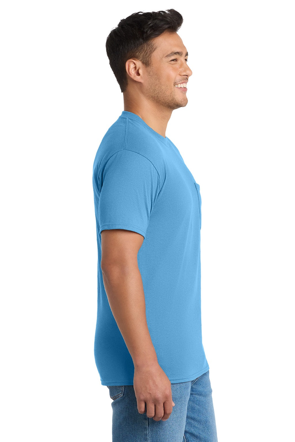Port & Company PC55P/PC55PT Mens Core Short Sleeve Crewneck T-Shirt w/ Pocket Aquatic Blue Model Side