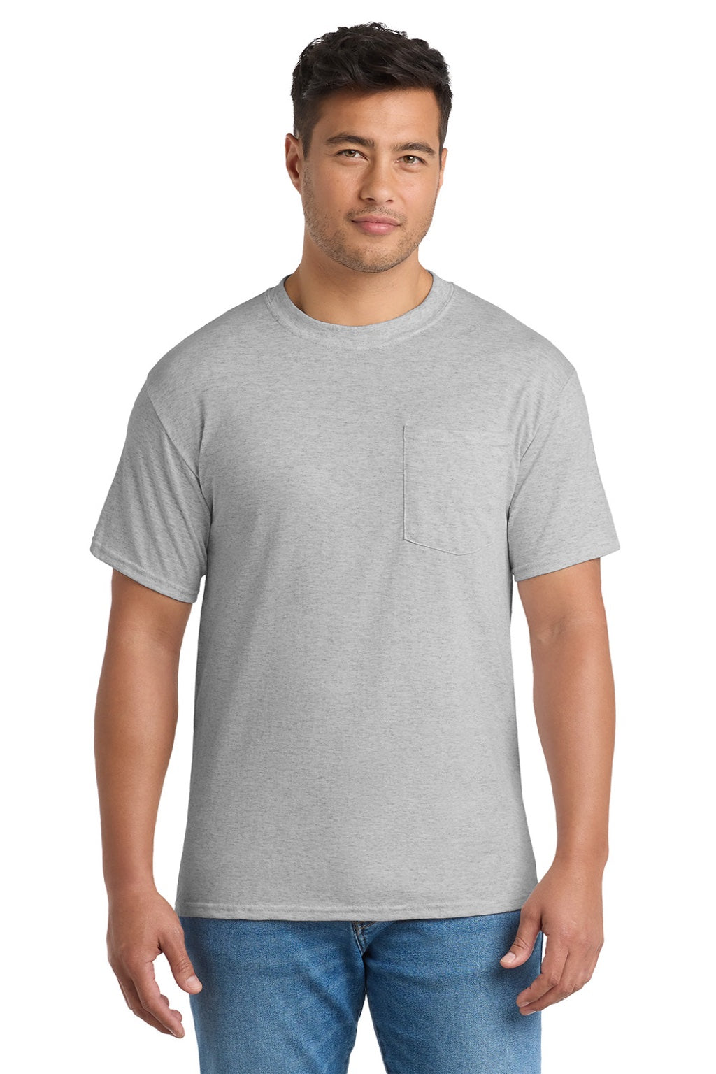 Port & Company PC55P/PC55PT Mens Core Short Sleeve Crewneck T-Shirt w/ Pocket Ash Grey Model Front