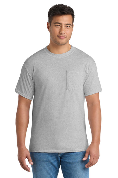 Port & Company PC55P/PC55PT Mens Core Short Sleeve Crewneck T-Shirt w/ Pocket Ash Grey Model Front