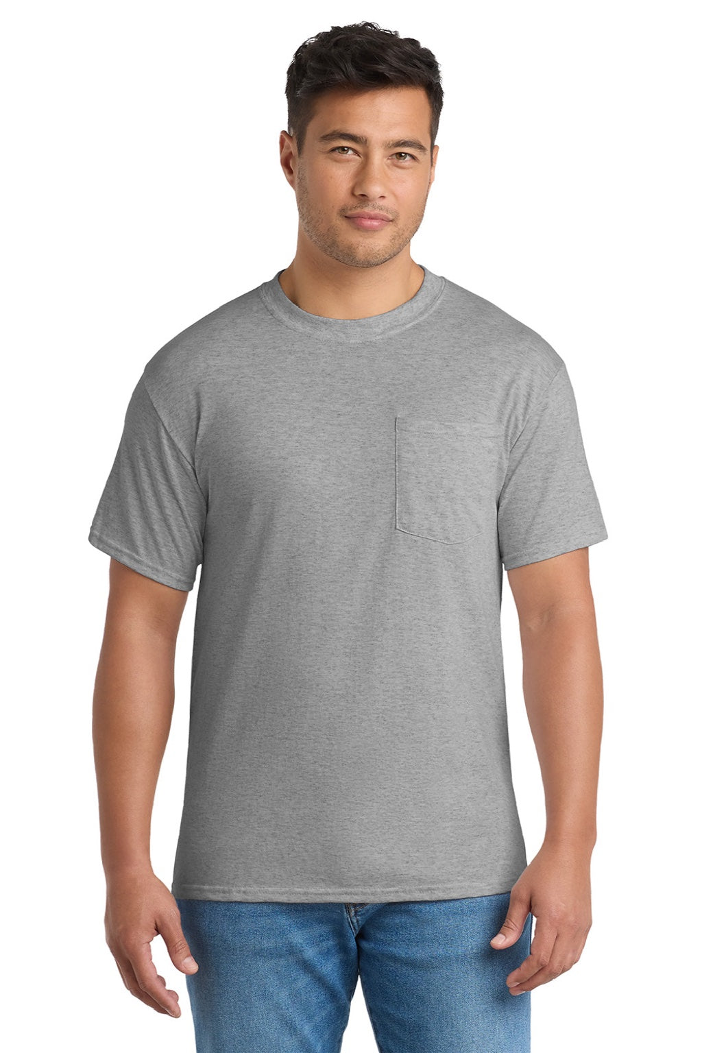 Port & Company PC55P/PC55PT Mens Core Short Sleeve Crewneck T-Shirt w/ Pocket Heather Grey Model Front