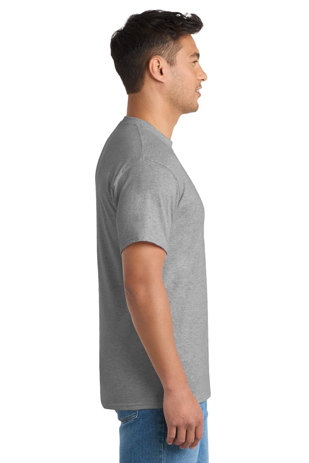 Port & Company PC55P/PC55PT Mens Core Short Sleeve Crewneck T-Shirt w/ Pocket Heather Grey Model Side